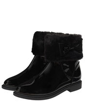 Fluffy Trim Patent Ankle Boots, Black (BLACK), large