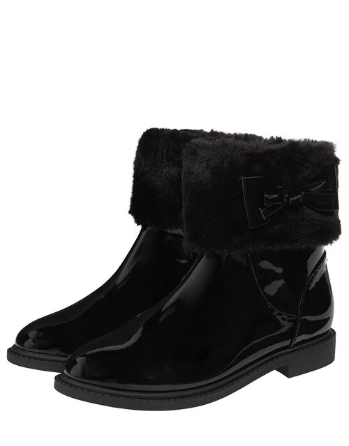 Fluffy Trim Patent Ankle Boots Black | Girls' Boots | Monsoon UK.