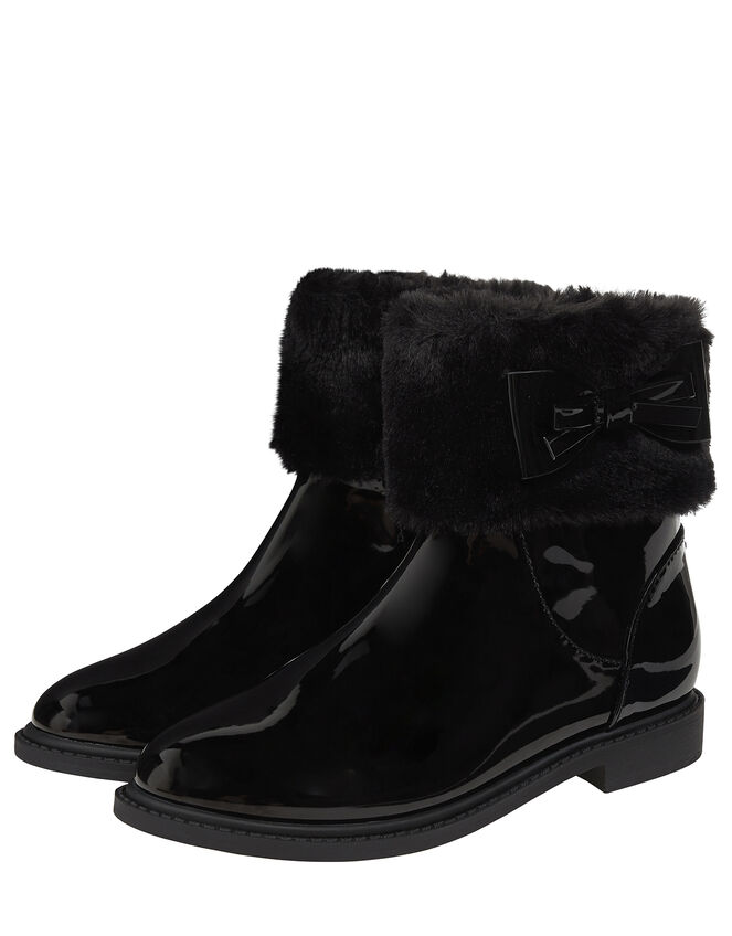 Fluffy Trim Patent Ankle Boots, Black (BLACK), large