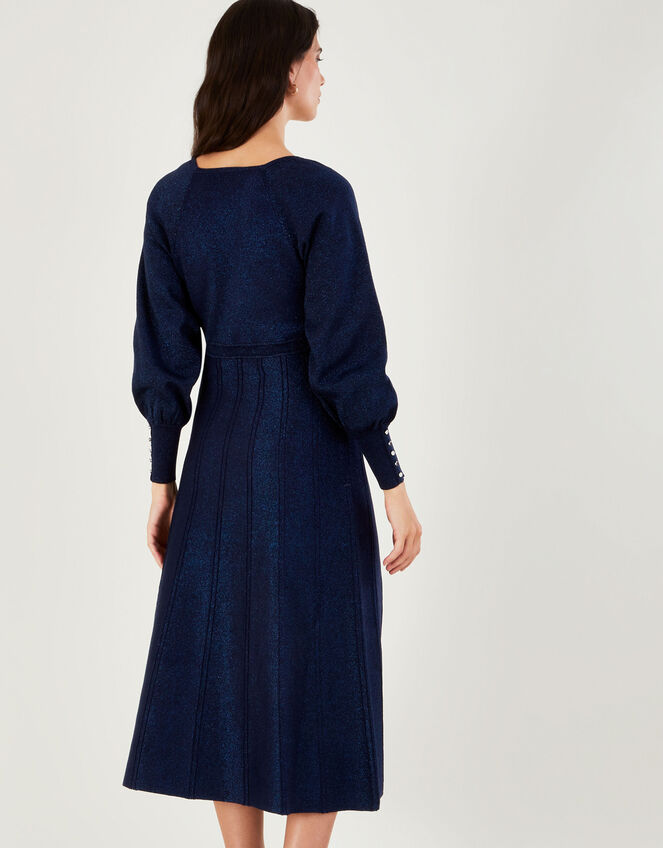 Metallic Knit Square Neck Pleated Midi Dress, Blue (NAVY), large