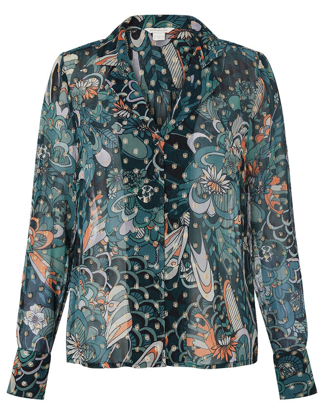 Zoe Floral Metallic Shirt, Teal (TEAL), large
