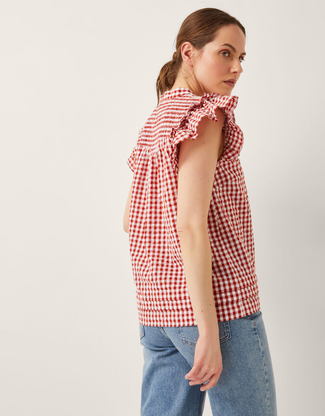 Greta Embroidered Gingham Top, Red (RED), large