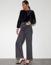 Tate Bead Trim Velvet Top, Black (BLACK), large