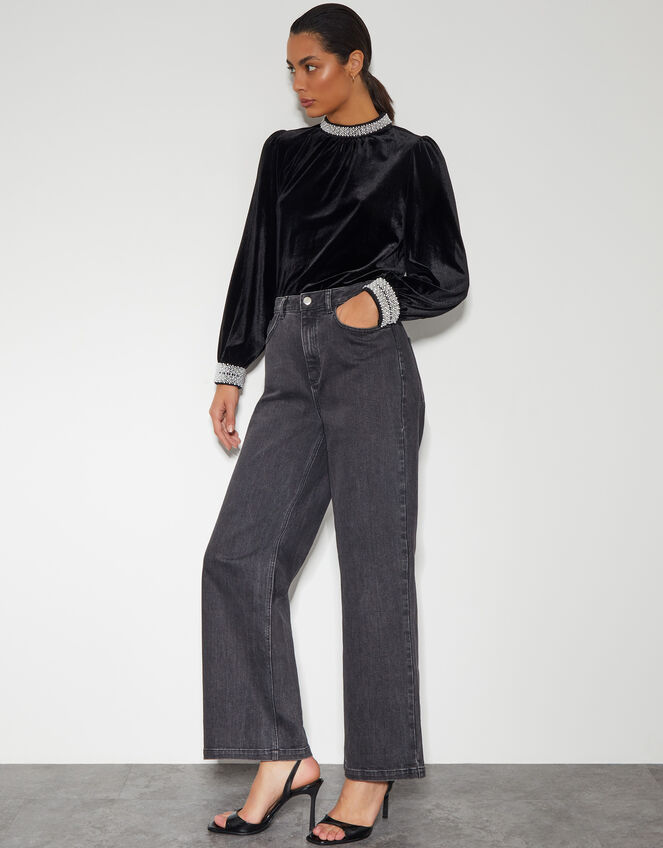 Tate Bead Trim Velvet Top, Black (BLACK), large