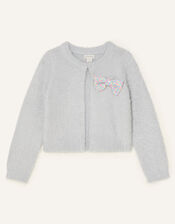 Sequin Bow Fluffy Cardigan, Grey (GREY), large