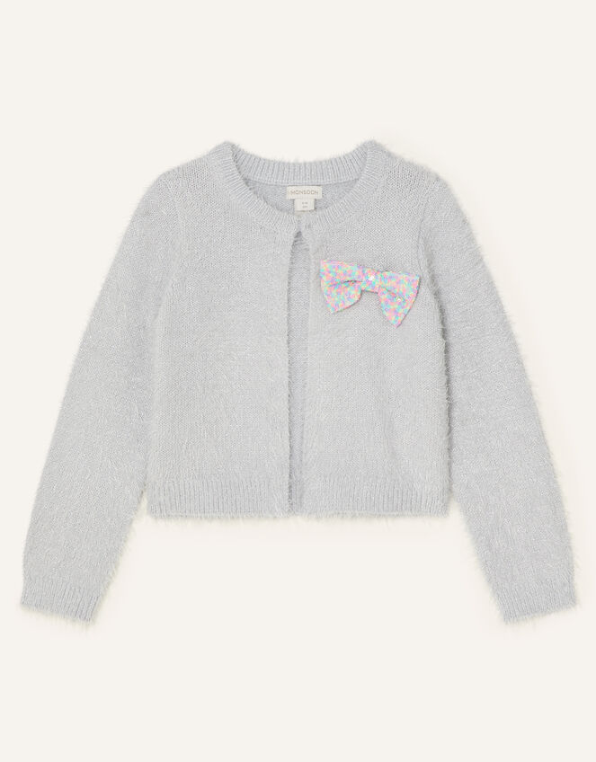 Sequin Bow Fluffy Cardigan, Grey (GREY), large