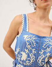 Stella Embroidered Denim Culotte Jumpsuit, Blue (DENIM BLUE), large