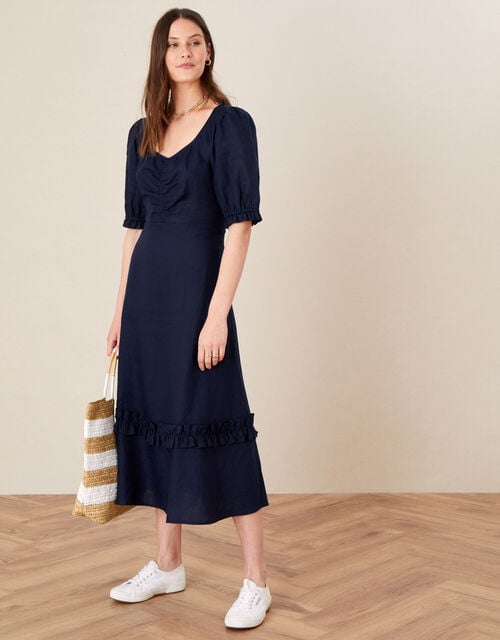 Frill Trim Dress in Pure Linen, Blue (NAVY), large