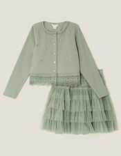 Embellished Cardigan & Mesh Tiered Skirt Set, Green (SAGE), large