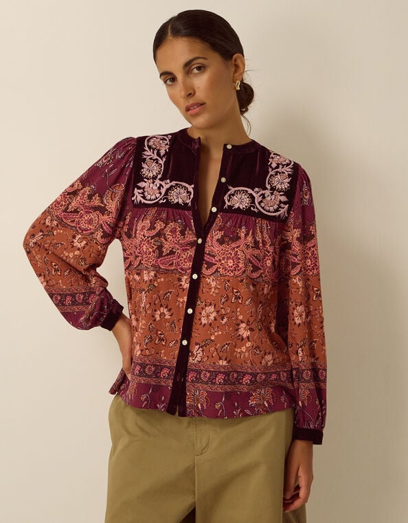 Hunter Floral Print Jersey Shirt, Red (BURGUNDY), large