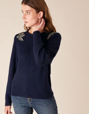 Beaded Shoulder Knit Jumper, Blue (NAVY), large
