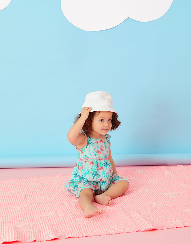 Baby Flamingo Print Romper in Linen Blend, Blue (AQUA), large