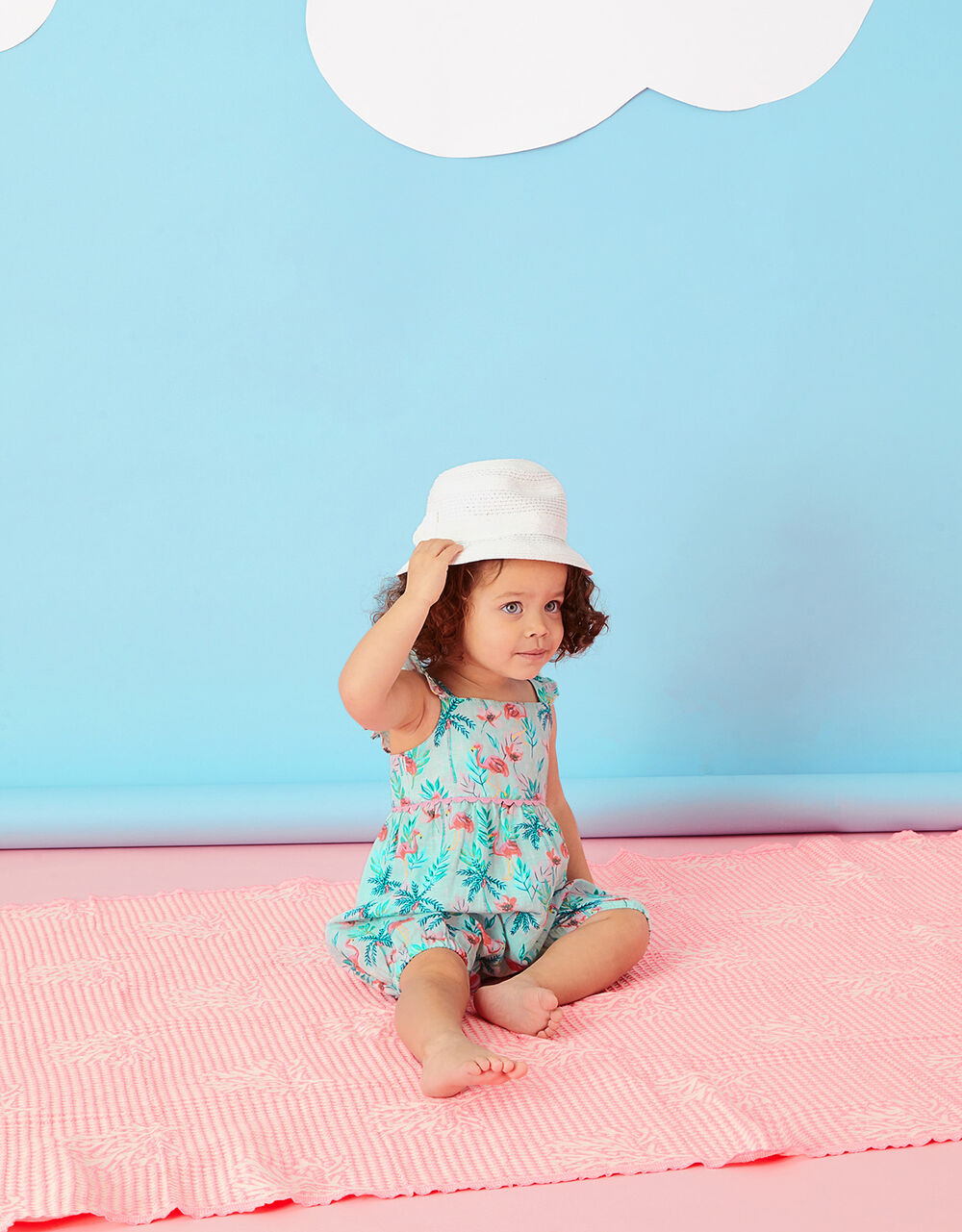 Children Baby Girls 0-3yrs | Baby Flamingo Print Romper in Linen Blend Blue - XF03277