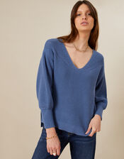 Ribbed V-Neck Jumper in Sustainable Cotton, Blue (BLUE), large