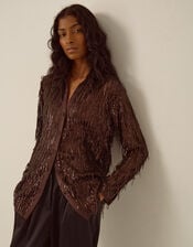 Shelby Sequin Fringe Satin Shirt, Brown (CHOCOLATE), large