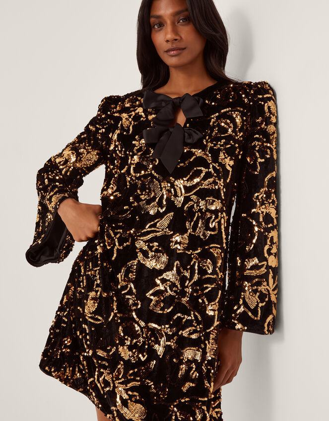 Shola Bow Sequin Mini Tunic Dress, Black (BLACK), large