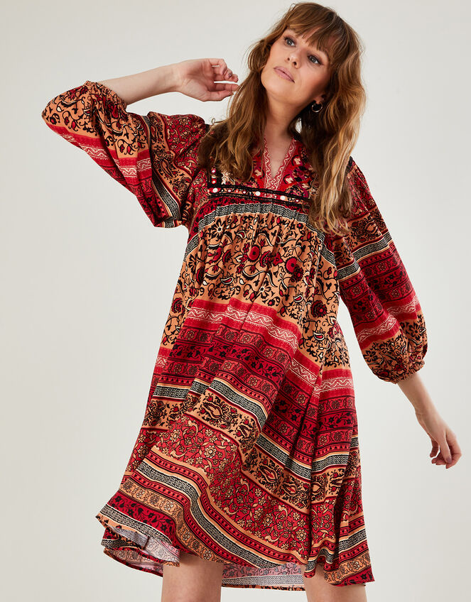 Premium Smock Heritage Print Embroidered Dress, Orange (ORANGE), large