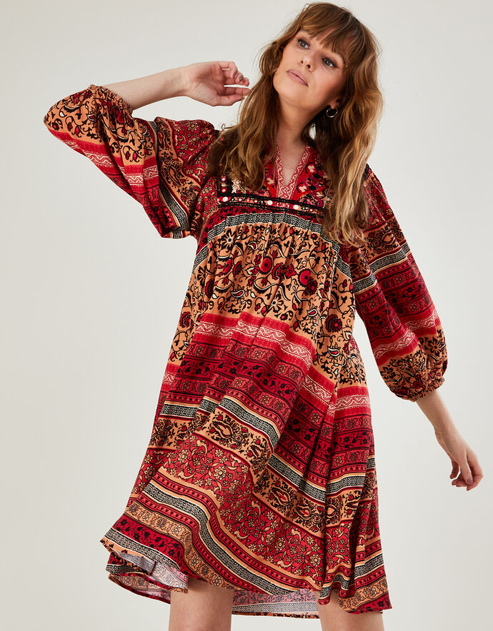 Premium Smock Heritage Print Embroidered Dress Orange