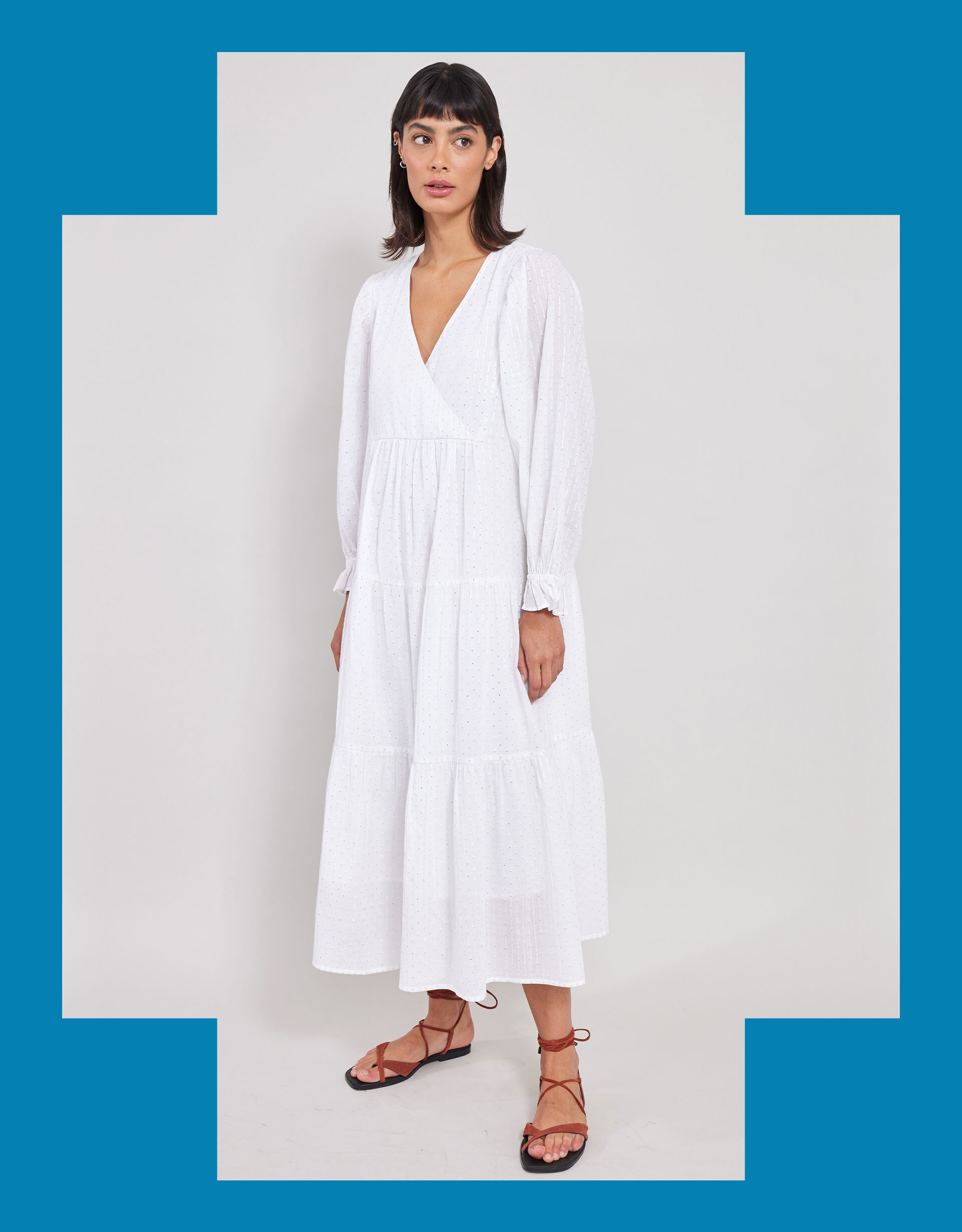 East Lesia Long Sleeve Tiered Midi Dress White