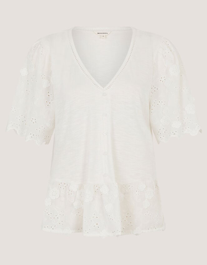 Freya V-Neck Floral Broderie Top, Ivory (IVORY), large