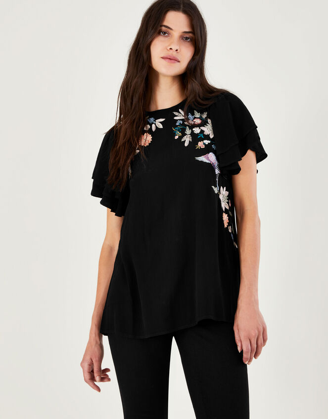 Esther Embroidered T-Shirt in Sustainable Viscose, Black (BLACK), large