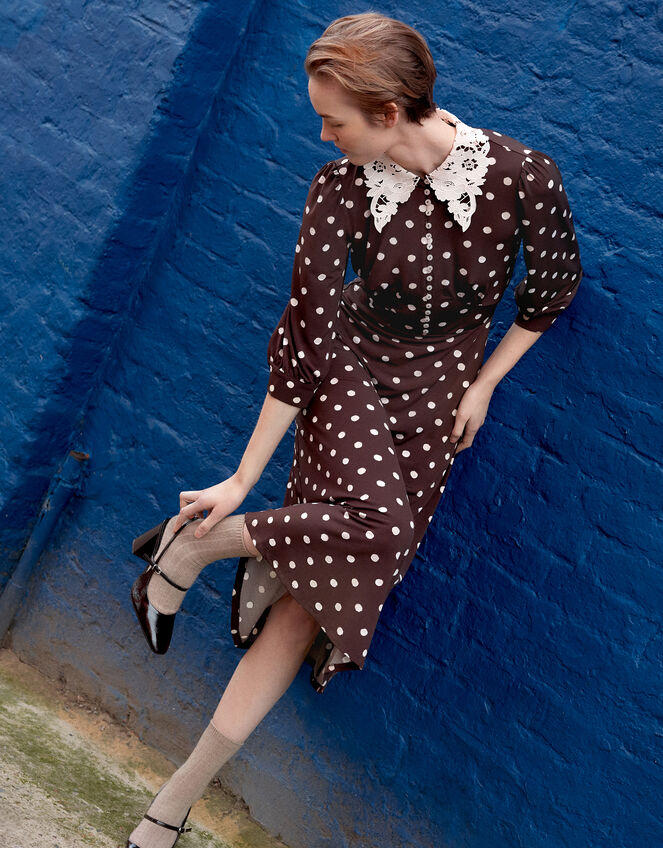 Paris Polka Dot Jersey Midi Dress, Brown (CHOCOLATE), large