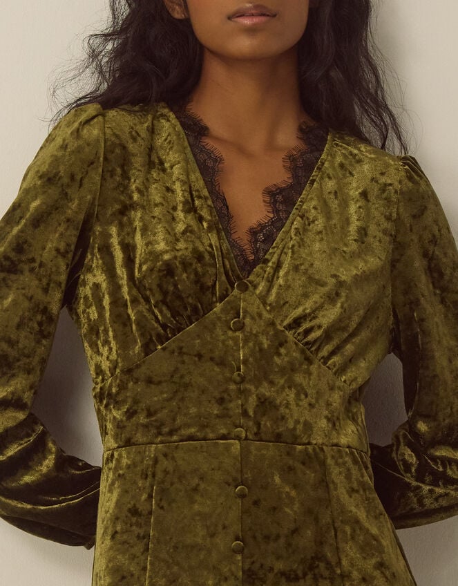 Jessi V-Neck Velvet Midi Dress, Green (KHAKI), large