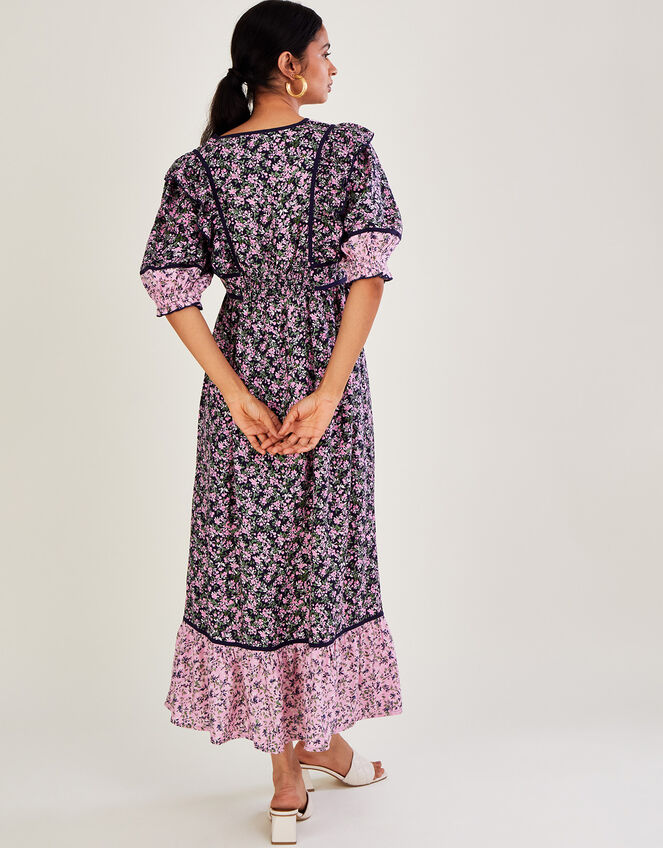 V Neck Blossom Print Dolly Dress, Purple (PURPLE), large