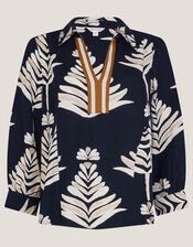 Pamela Linen Blend Leaf Print Top, Black (BLACK), large