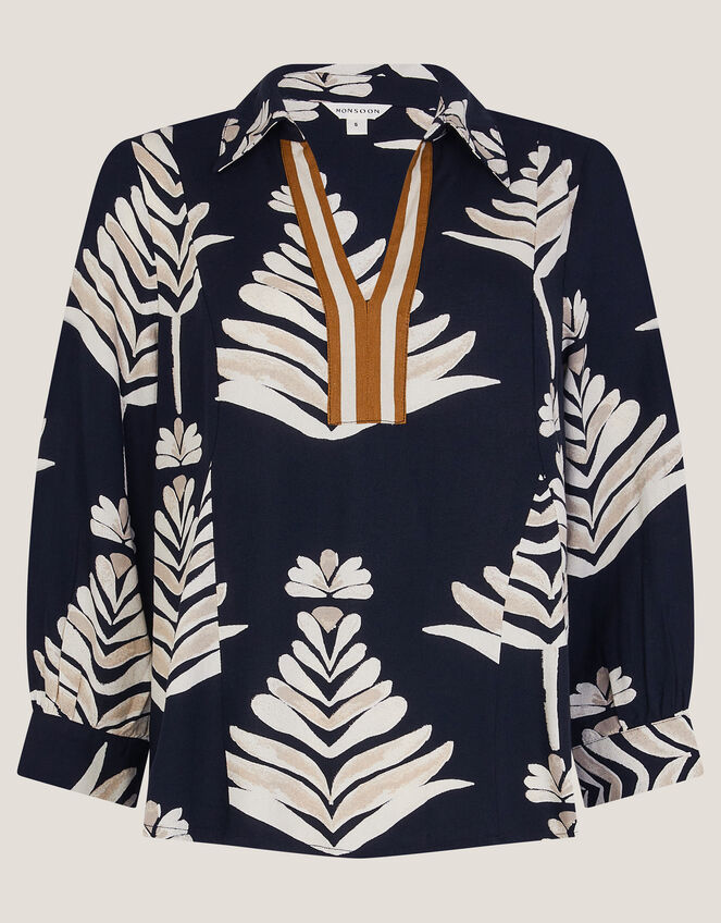 Pamela Linen Blend Leaf Print Top, Black (BLACK), large