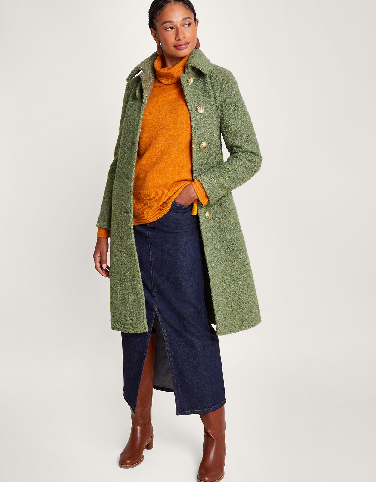 Blair Boucle Single Breasted Belt Coat Green