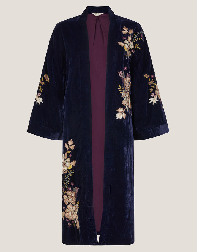 Fallon Embroidered Velvet Kimono , Blue (NAVY), large