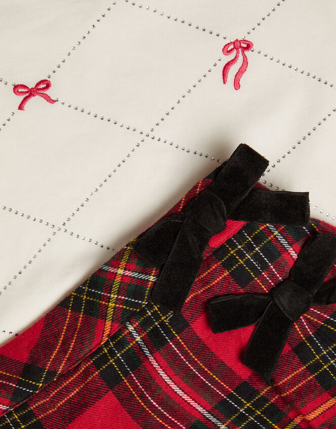 Long Sleeve Bow Top and Tartan Skirt Set, Red (RED), large