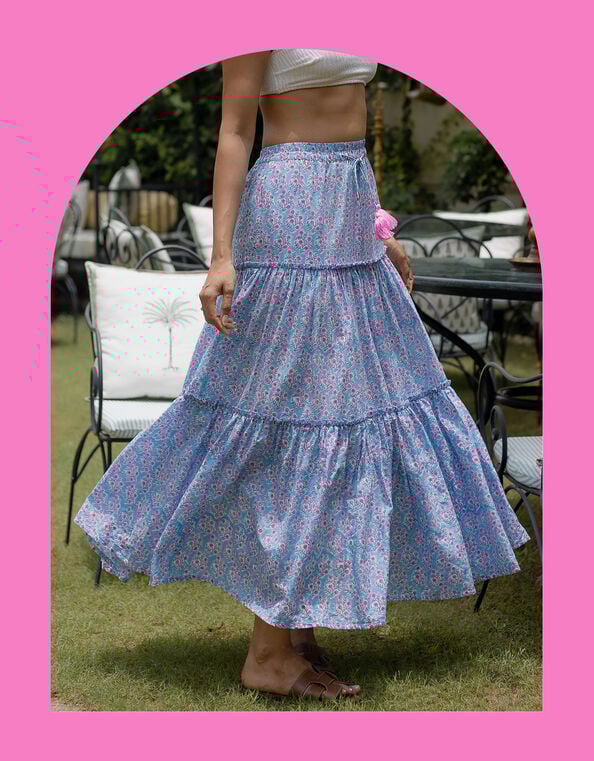 Dilli Grey Maya Floral Tiered Maxi Skirt, Blue (BLUE), large
