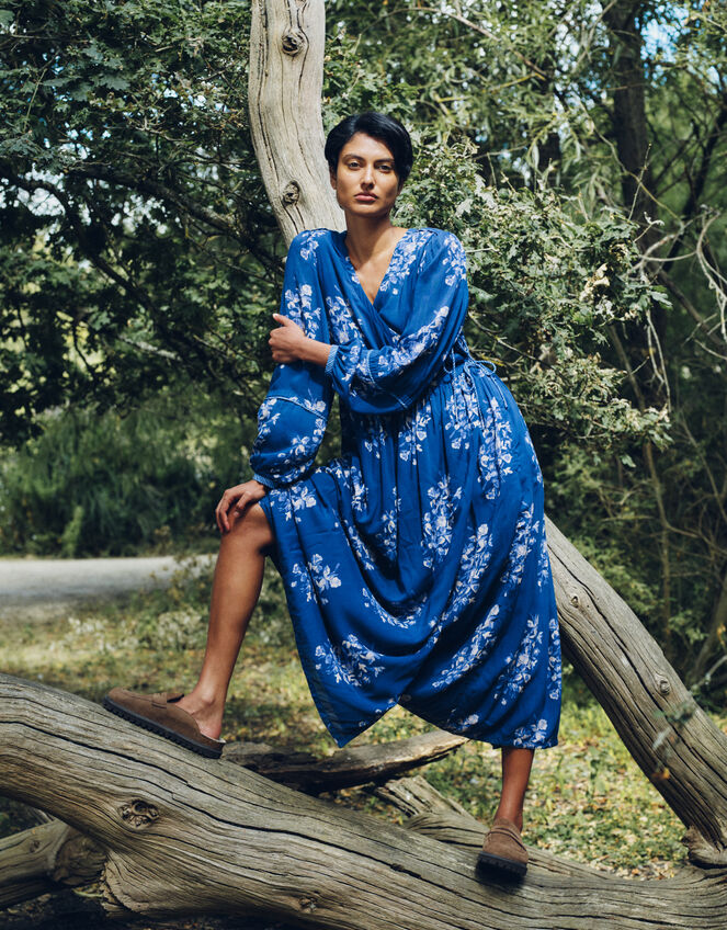 East Kerstin Floral Print Midi Wrap Dress, Blue (BLUE), large