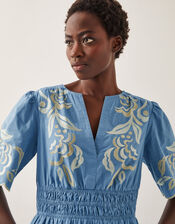 Leia Embroidered Short Sleeve Midi Dress, Blue (BLUE), large