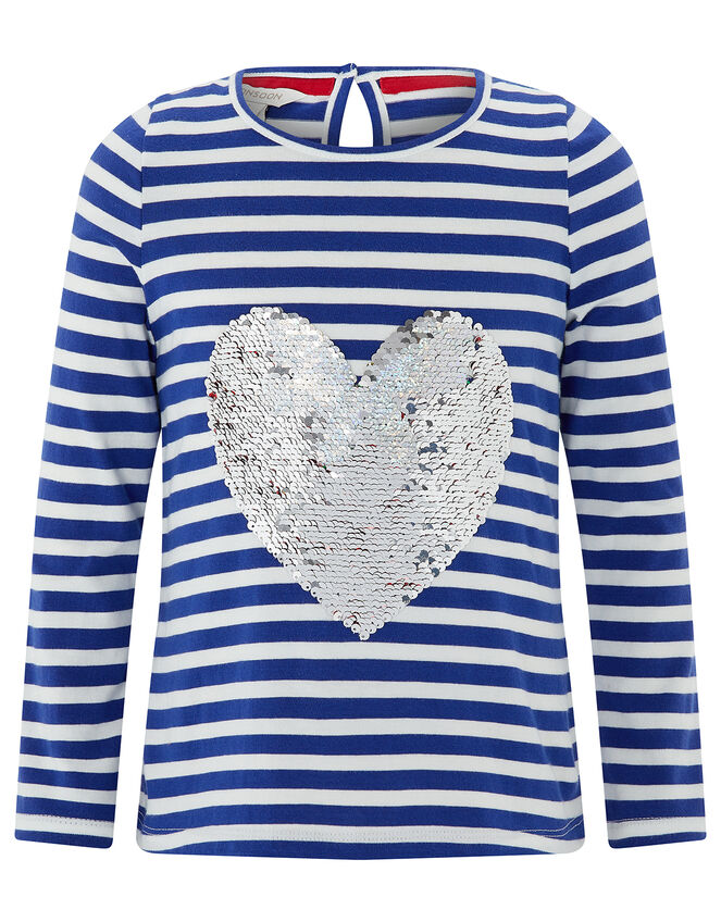 Sequin Heart Strawberry Striped T-Shirt, Blue (BLUE), large