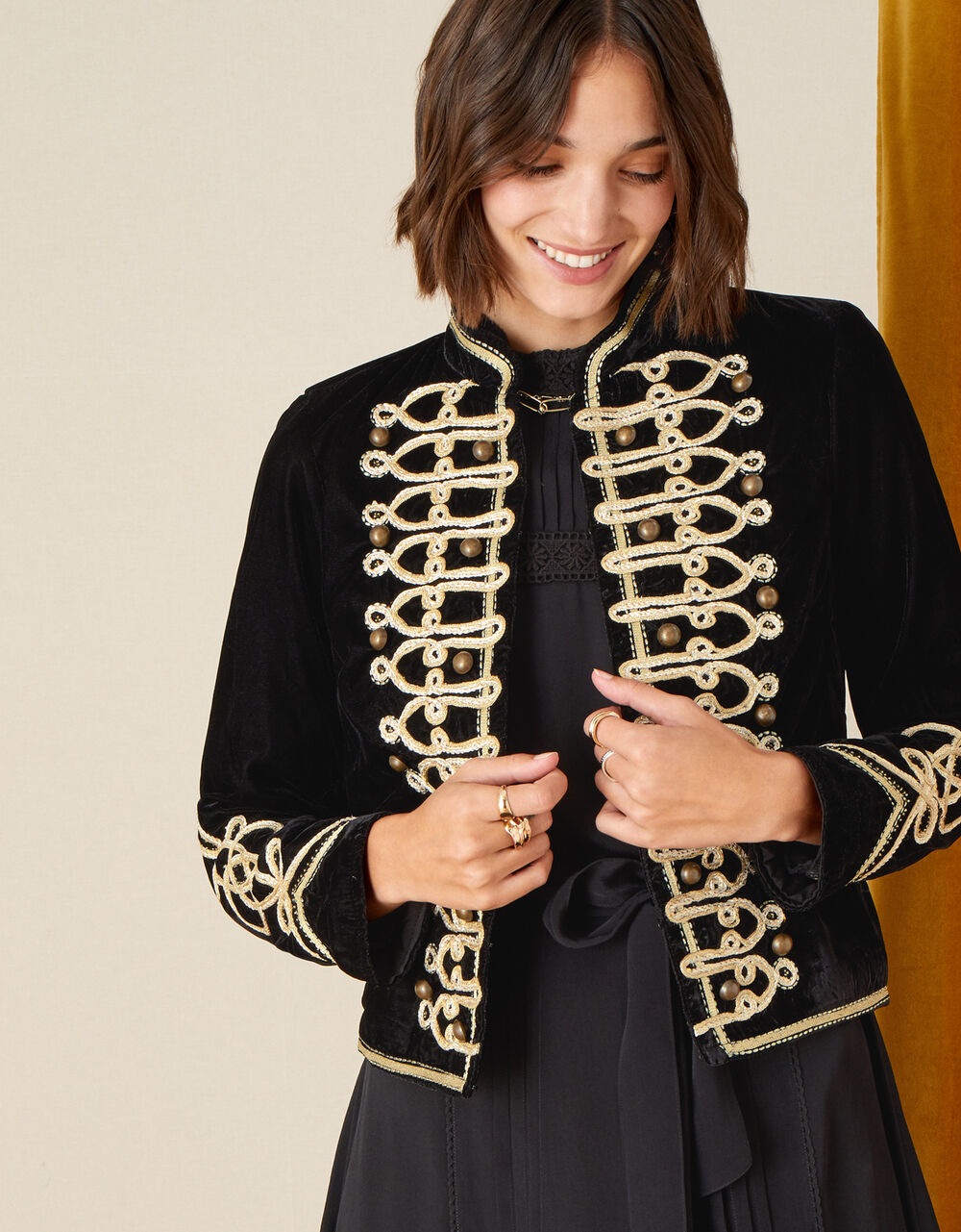Embroidered Velvet Military Jacket Black Women's Jackets Monsoon UK.