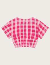 Short Sleeve Gingham Crop Top, Pink (PINK), large