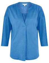 Split Long Sleeve Top in Pure Linen, Blue (BLUE), large