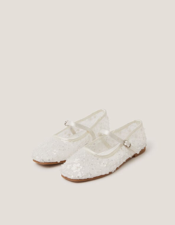 Flower Sparkle Mesh Ballet Flats, Ivory (IVORY), large