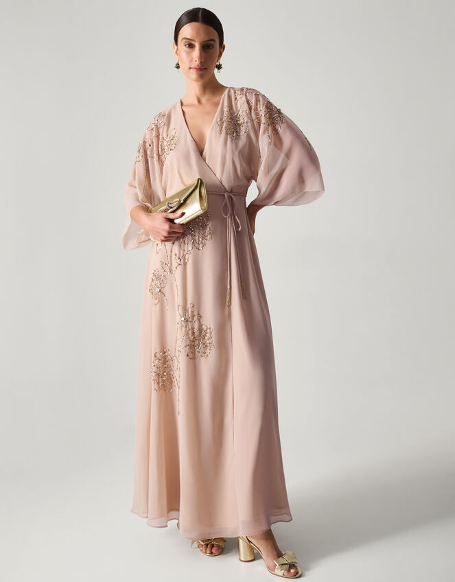 Skyla Floral Embellished Maxi Wrap Dress, Nude (NUDE), large