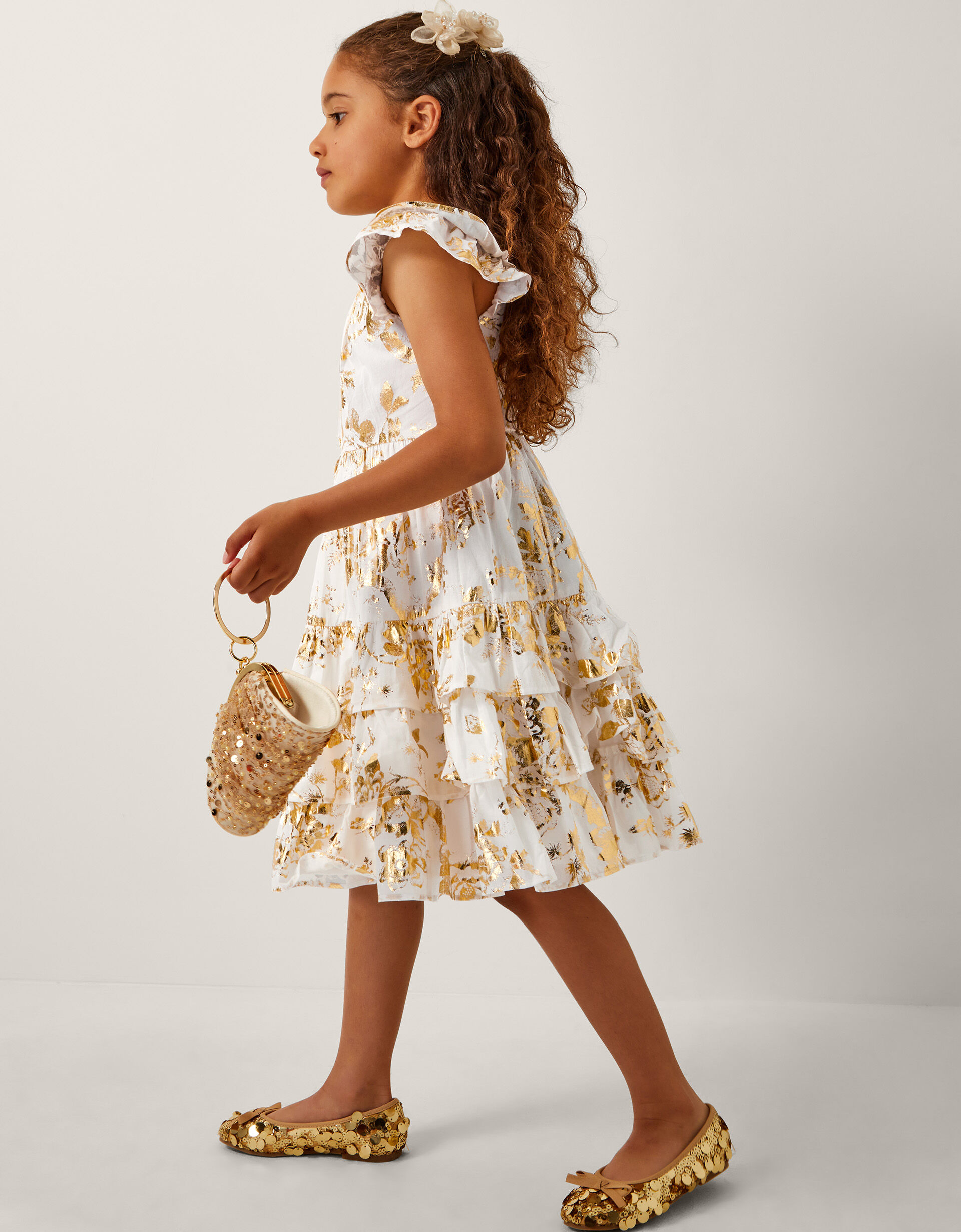 Foil Floral Print Tiered Dress Ivory