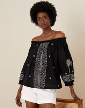 Palm Embroidered Off-Shoulder Top, Black (BLACK), large