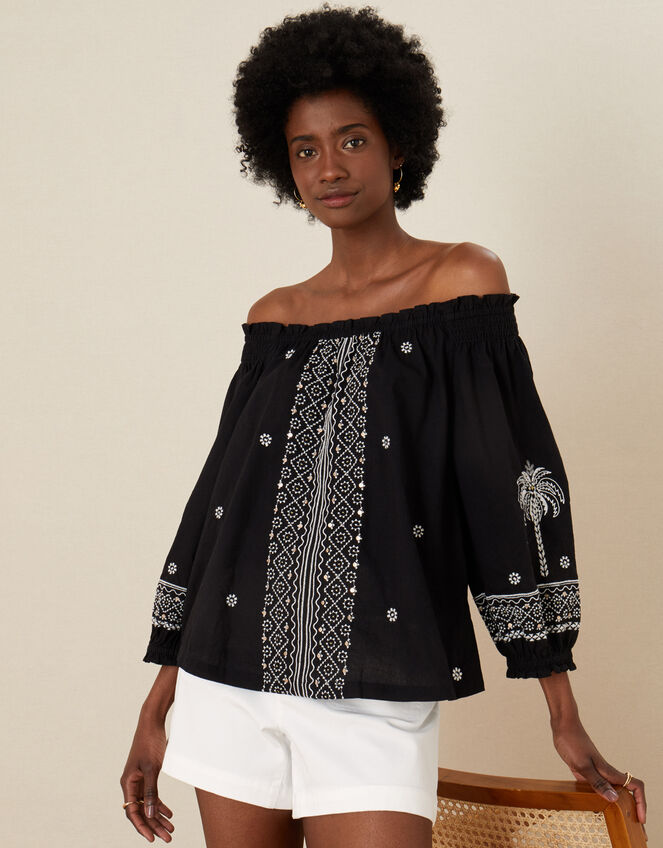 Palm Embroidered Off-Shoulder Top, Black (BLACK), large