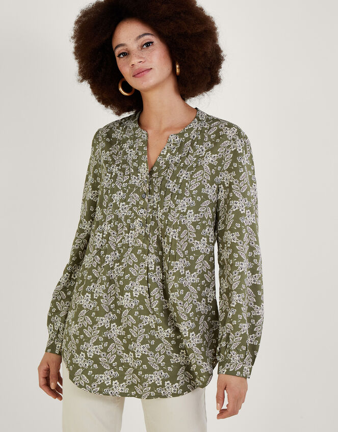 Longline Print Pullover Blouse in LENZING™ ECOVERO™ , Green (KHAKI), large