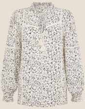 Floral Tie Neck Blouse, Cream (CREAM), large
