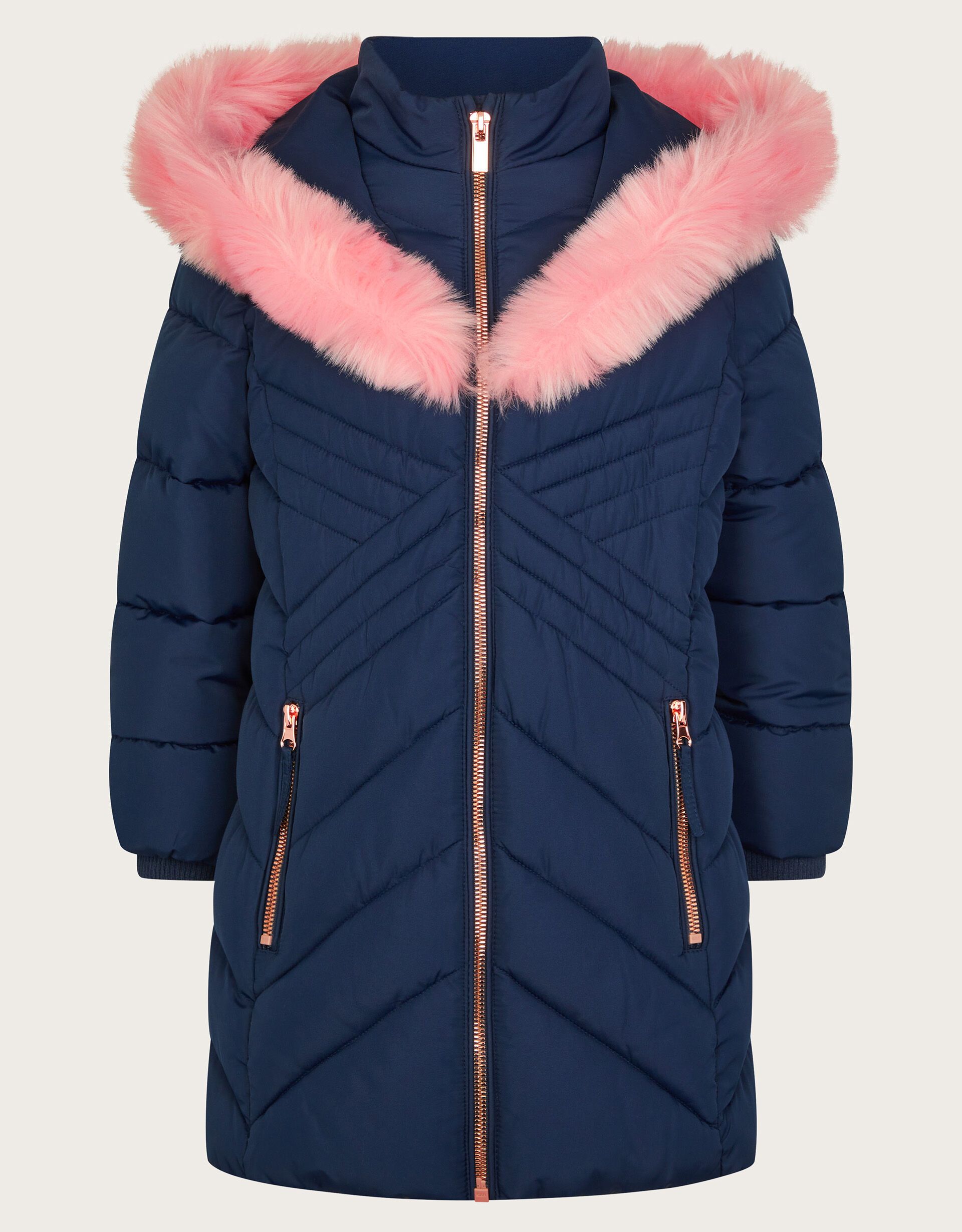 Padded Faux Fur Trim Hood Coat Blue
