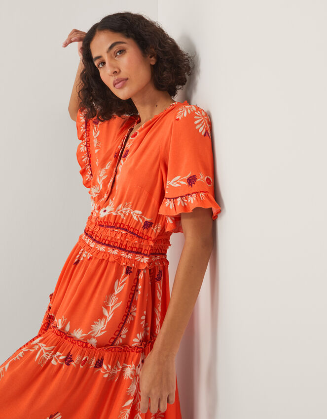 Lenora Flutter Sleeve Floral Midi Dress, Orange (CORAL), large
