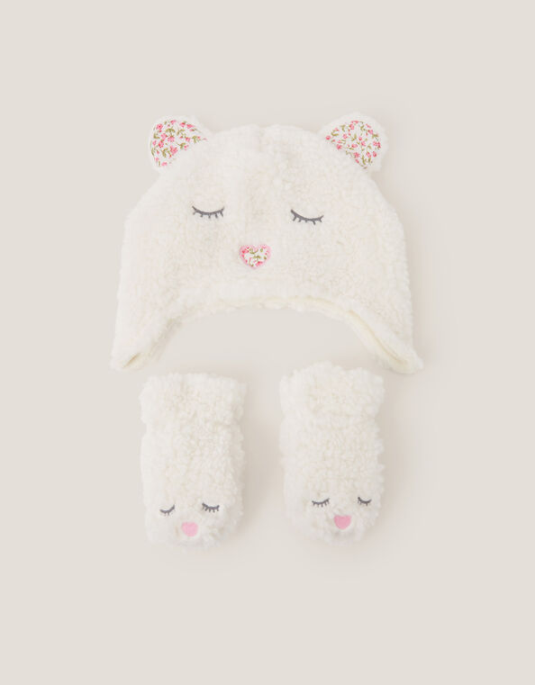 Baby Borg Bear Hat & Mitten Set, Ivory (IVORY), large